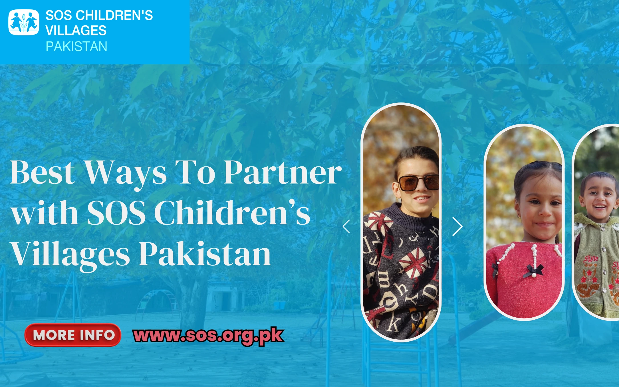 Promotional banner for SOS Children's Villages Pakistan showcasing their children services in Pakistan with images of smiling children. Includes a website link for more information.